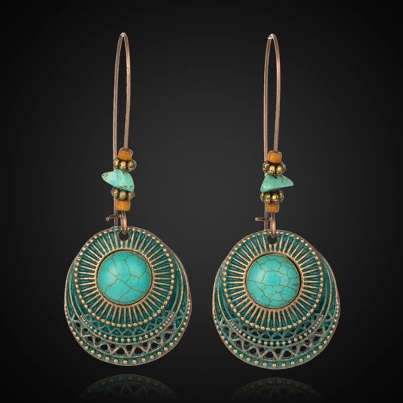 Turquoise earrings, Vintage Turquoise dangle earrings, statement earrings, Boho - Picture 2 of 5
